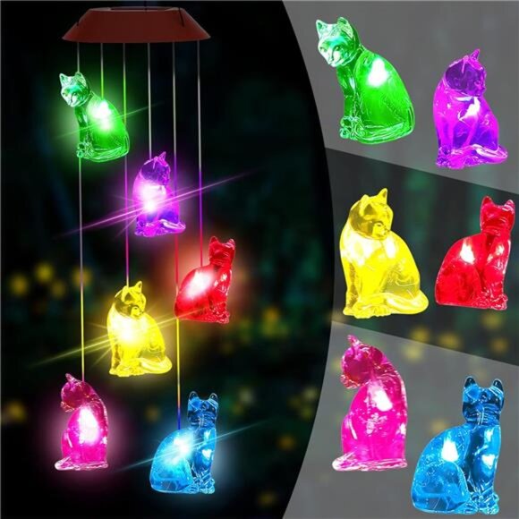 Cat Solar Wind Chimes Light,Solar Cat Wind Chimes Outside,Cat Solar Light Gifts - Picture 1 of 7